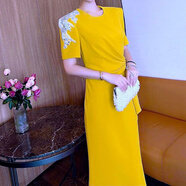 榮西圖外穿拖鞋女外出上班洋氣夏天穿的掛脖收腰女士氣質(zhì)中長(zhǎng)款連衣 黃色裙子 s (建議82-98左右穿)