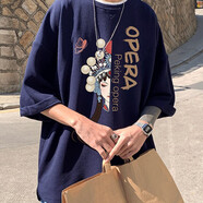杜小閑七分袖男t恤夏季潮牌ins五分半袖衣服青少年短袖體恤寬松百搭上衣 藏青色 L