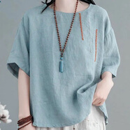 楠語秋（NANYUQIU）文藝復(fù)古短袖女刺繡棉麻圓領(lǐng)夏季新款寬松休閑T恤套頭上衣女 藍(lán)色 XL 建議125-140斤