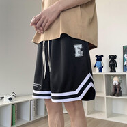 布恩普 短褲男夏季新款潮流休閑百搭運動五分褲子青少年港風潮牌沙灘褲外穿籃球褲透氣薄款直筒寬松大褲衩 黑色 XL（126-135斤）