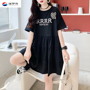 逐夢(mèng)魚(yú)胖女童連衣裙夏裝女大童加肥加大寬松大碼洋氣短袖胖女孩韓版裙子 黑色 170 M(建議體重91-104斤)