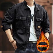 名面美式重磅復古牛仔外套男士秋季潮牌寬松純棉硬漢獵裝工裝夾克上衣 黑色（加絨加厚秋冬款） XL （140-160斤）