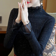 KANJOOP蕾絲打底衫女長(zhǎng)袖新款加絨歐貨時(shí)尚春秋小衫洋氣歐洲雪紡拼紗上衣 黑色 常規(guī) XL