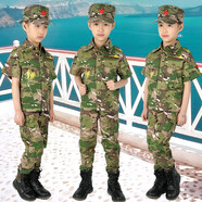 兵童勇士新款休閑夏季女男童純棉迷彩服短袖套裝中大童運動裝小學(xué)生軍訓(xùn)服 林地迷彩短袖款(上衣褲子帽子) 110碼適合約身高105CM