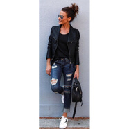 XIKUANG2018春歐美翻邊破洞修身棉彈竹節鉛筆小腳牛仔褲褲 深藍 S