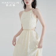 韓語琳空間法式掛脖吊帶連衣裙2023新款女夏季高級感氣質(zhì)顯瘦露腰過膝長裙子 杏色 S
