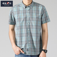 ZENGZHI/增致牛仔短袖襯衫男裝夏新品格仔簡約休閑時尚棉襯衣 D2143綠格 L