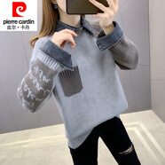 皮爾卡丹（pierre cardin）假兩件毛衣女春秋外穿2024年新款寬松韓版洋氣學(xué)生針織衫上衣外套 257灰色 2XL