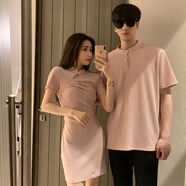 拼續 情侶裝夏天 套裝裙子清新情侶裝夏裝2022新款韓版旗袍款polo領(lǐng)愛(ài)心裙子 粉色 女XS 65-80斤