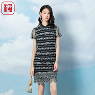 漁（FC SG）漁牌春季2023新款女裝網(wǎng)布橫條紋繡花蕾絲邊中國風(fēng)連衣裙FGFA0056 黑 S