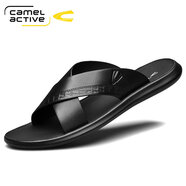 Camel Active/駱駝動感男士拖鞋 2022夏季真皮一字拖鞋男外穿輕便 黑色22123988 38  男款