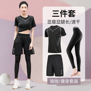 運動(dòng)套裝健身服女寬松速干衣褲大碼胖mm短袖運動(dòng)服跑步套裝夏季上衣瑜伽服套裝女 07科幻黑三件套 3XL/身高180-185/體重155-180斤