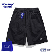 WASSUP HERMU冰絲短褲男夏季薄款速干戶(hù)外梭織沙灘運(yùn)動(dòng)港風(fēng)休閑潮流直筒五分褲 黑色 L （推薦106-120斤）