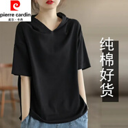 皮爾卡丹（pierre cardin）連帽短袖t恤女2025夏季新款洋氣帶帽純色時尚百搭上衣顯瘦 黑色 M 建議115斤內(nèi)