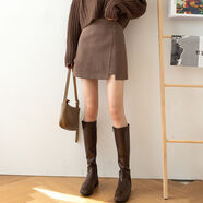 淺雖紅2026春秋新款荷葉邊半身裙小眾復古百褶裙顯瘦a字裙包臀短裙女HHF 毛呢 咖啡色（帶內襯） L