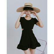 安與·洛施琪  連體遮肚顯瘦裙式保守游泳衣泳裝女新款夏仙氣冬溫泉泳衣女 黑色(如廁版) L   ( 建議95-115斤 )