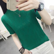 夢(mèng)史怡短袖T恤冰絲針織衫女夏季薄款寬松顯瘦2022年新款女鏤空短款上衣 綠色 2XL 建議135-150斤