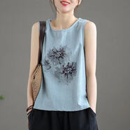 桑琴老人背心女夏季文藝范棉麻純色印花顯瘦無袖圓領(lǐng)衫百搭吊帶 淺藍色 4XL 建議150-160斤