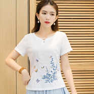 中國風(fēng)棉麻刺繡花上衣女裝夏季新款短袖小衫民族復古收腰V領(lǐng)T恤衫 白色 2XL 110-119斤