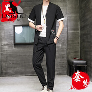 袋鼠（DAISHU）【高端輕奢】中國風男裝佛系復古短袖T恤v夏季潮牌薄款套裝男夏天 初心款-三件套-黑色【上衣+褲子+內(nèi)搭】 3XL