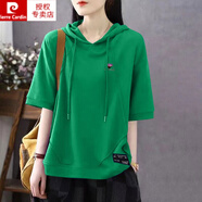 皮爾卡丹（pierre cardin）棉短袖連帽夏季新款寬松半袖衛衣衫薄款時(shí)尚洋氣減齡寬松顯瘦短袖 綠色-小鉆石 2XL (建議130-150斤)