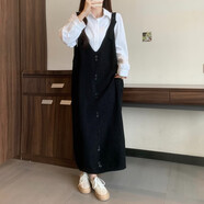 港蓮婭大碼秋冬新款毛線背心裙背帶連衣裙女胖mm寬松顯瘦百搭針織長(zhǎng)裙子 黑色 大碼L