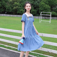 方糖姑娘少女連衣裙中學(xué)生牛仔裙大童夏裝新款初中生裙子高中生學(xué)院風(fēng)女裝 21395SC牛仔色 2XL