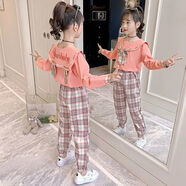 金布?。↗INBUDING）夏季女童套裝適合3-12歲洋氣小女孩穿jk學(xué)院風(fēng)兩件套裙夏裝新款兒 粉紅色【長袖上衣+褲子】 120 建議110-120cm