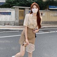 艾珠兒（Aizhuer）新中式連衣裙女2025夏季新款改良旗袍國風(fēng)法式小個(gè)子套裝裙子夏天 杏色 M