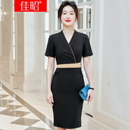 佳昭 撞色連衣裙女士2022夏季修身顯瘦中長(zhǎng)款薄款短袖拼接v領(lǐng)美容院工裝珠寶店銷售銀行經(jīng)理工作服裙子 黑色連衣裙 S