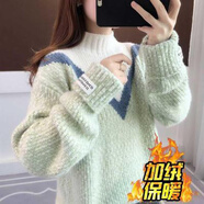 歐倩姍青少女初中生女孩羊毛衣衫加厚秋冬款女生高中生加絨高領(lǐng)針織短款 加絨綠色 M建議100-110斤左右