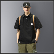 暢登美式復古工裝短袖t恤男設計感寬松潮牌大碼多口袋Polo小衫上衣男 黑色 【3075】 XL