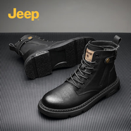 Jeep（吉普）加絨可選男鞋靴冬季新品牛皮馬丁靴舒適工裝靴百搭皮靴男 8180黑色 39