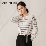 易菲（YIFINI）春新款100%綿羊毛v領(lǐng)毛衣條紋減齡毛針織衫2108M913 白色（普通款） 0S