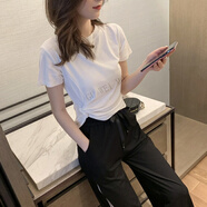 古維慕（GUWEIMU）搭配闊腿褲的上衣新款高腰短袖T恤女短款修身夏季潮 白色506純色上衣 無(wú)亮片 M