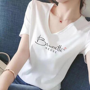 登森奧奧短袖t恤女顯瘦上衣2024夏季女裝新款休閑韓版V領(lǐng)印花棉體恤T恤女 白色B字母 2XL 建議120-135斤