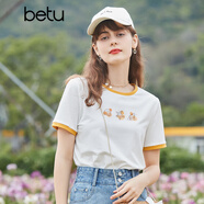 betu百圖女裝撞色圓領(lǐng)短袖T恤貝殼釘珠印花T2104T68 白色 L
