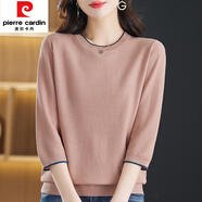 皮爾卡丹（pierre cardin）溫柔女裝春夏圓領(lǐng)針織衫時(shí)尚新款七分袖t恤中年媽i媽中袖百搭上衣 粉色 M碼【建議95-108斤】