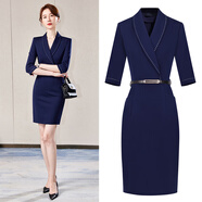 Sugargirl藏青色職業(yè)連衣裙女套裝夏季修身顯瘦時(shí)尚優(yōu)雅包臀裙珠寶店工作服 藏青色七分繡 S