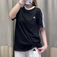 阿迪達(dá)斯（adidas）三葉草短袖T恤女夏季新運(yùn)動(dòng)服訓(xùn)練健身半袖休閑透氣圓領(lǐng)棉質(zhì)女裝 JI6977/三條紋/純棉 XS