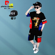 皮爾卡丹（pierre cardin）童裝男孩穿的4-14歲兒童裝夏裝2025新款短袖套裝衣服6中大童街舞 黑色(+帽子) 130 建議身高1.2米左右40-50斤