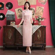 韻動(dòng)犸老上海旗袍年輕款改良中國風(fēng)新款優(yōu)雅氣質(zhì)長(cháng)款修身日常連衣裙少女 七-分袖粉色刺繡長(cháng)款 XL（111-120斤）