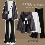 綺岑春天衣服微胖女裝顯瘦套裝2024新款女生多巴胺穿搭潮流大碼三件套 白色打底衫+灰色外套+黑色褲子 L 建議100-120斤