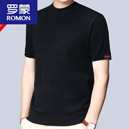 ROMON產(chǎn)半高領(lǐng)針織衫短袖男青年純色半袖針織潮流加厚毛衣新品 黑色8819 M 165/105(建議100120斤