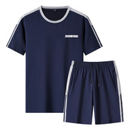 亞當(dāng)彼得品牌純棉運動套裝男夏季薄款運動服套裝中老年運動套裝男士兩件套 202藍色（短袖+短褲） XL 建議體重125-140斤