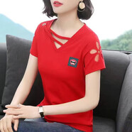 妥妮短袖t恤女2025夏季女裝新款寬松百搭時(shí)尚休閑體恤上衣打底衫 五葉草唇印-紅色 M建議80-100斤