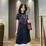 全鶯月2022夏季新品棉麻重工刺繡連衣裙中長(cháng)款夏季短袖民族風(fēng)復古 【藏青色】 XL碼【115-130斤】