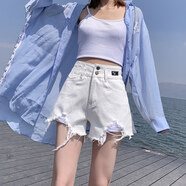 自由探戈高腰牛仔短褲女2025年新款寬松闊腿顯瘦字辣妹超短熱褲 白色破洞 M