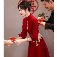 粟茝平時(shí)可穿大碼胖mm結(jié)婚禮服旗袍敬酒服新娘酒紅色新款秋季答謝宴中 酒紅色中長(zhǎng)款 (衣長(zhǎng)110) 3XL 定做不退換，聯(lián)系客服