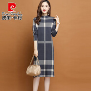 皮爾卡丹媽媽針織衫打底連衣裙女士秋冬季配衣中長(zhǎng)款格子羊毛過(guò)膝毛衣裙 灰色 3XL